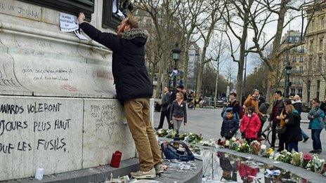 Graffiti on on statue in Place de la Republique (10 January 2015)