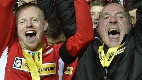 George McMullan and Tommy Breslin celebrate Cliftonville's League Cup triumph