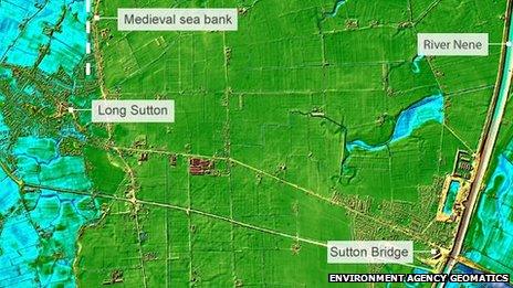 LIDAR image of Sutton Bridge and Long Sutton revealing medieval sea bank