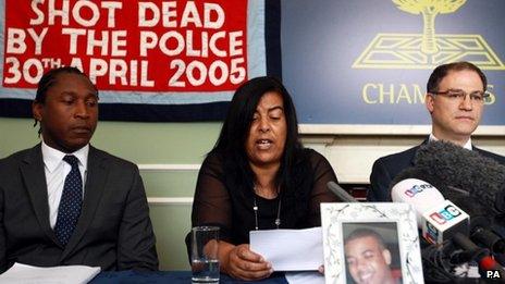 Azelle Rodney's mother Susan Alexander with solicitors Leslie Thomas (left) and Daniel Machover (right)