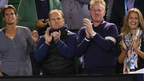 Amelie Mauresmo (left) and Kim Sears (right) celebrate Andy Murray's semi-final victory at the Australian Open