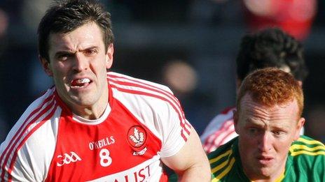 Mark Lynch of Derry in action against Kerry's Johnny Buckley