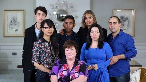 A portrait of Sydney siege survivors who shared their stories with the Australian commercial broadcaster Channel Nine (left to right) Jarrod Morton-Hoffman, Fiona Ma, Joel Herat, Louisa Hope, Selina Win Pe, Harriette Denny and Paolo Vassallo