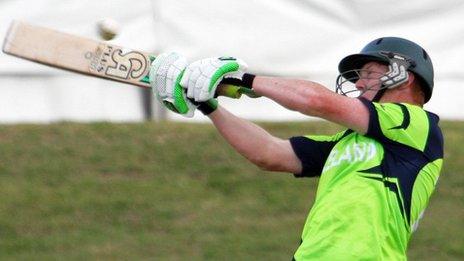 Kevin O'Brien plays a pull shot against Bangladesh