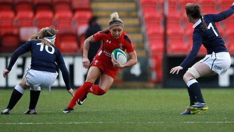 Adi Taviner on the attack for Wales women against Scotland