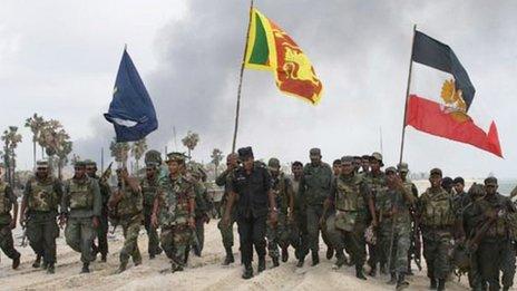 Sri Lankan troops after capturing the last patch of coastline in the Mullaittivu district held by the Tamil Tigers (May 2009)