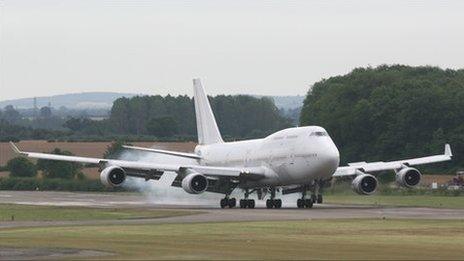 A Boeing 747-400 touches down at Cotswold Airport