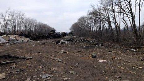 Evidence of recent fighting littered across a main road into Debaltseve in eastern Ukraine - 20 February 2015