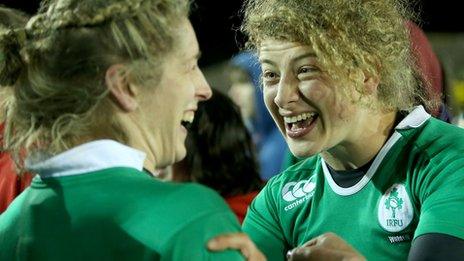 Ireland pair Alison Millar and Jenny Murphy celebrate the victory over England