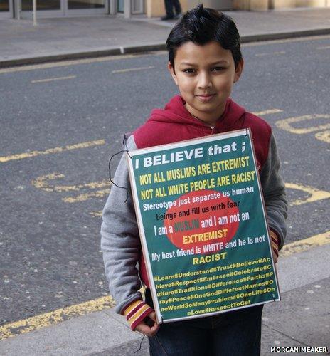 Young boy at anti-Pegida protest
