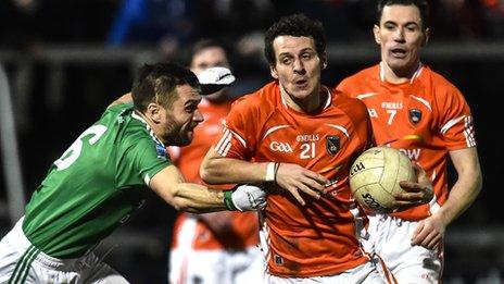 Fermanagh's Ryan McCluskey tackles Armagh forward Jamie Clarke in last weekend's drawn game at the Athletic Grounds