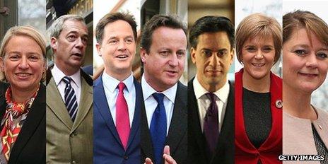 Natalie Bennett, Nigel Farage, Nick Clegg, David Cameron, Ed Miliband, Nicola Sturgeon, Leanne Wood