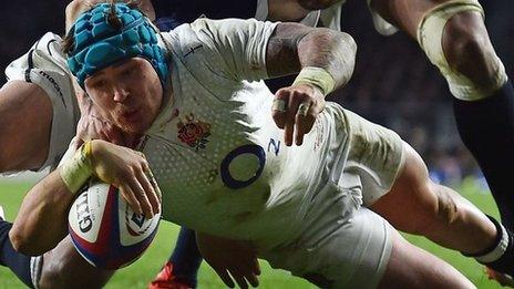 Exeter wing Jack Nowell scores England's third and final try against Scotland