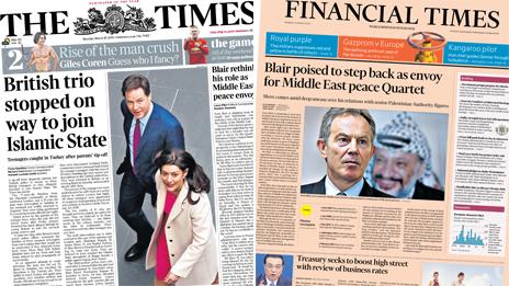 Times and Financial Times front pages on 16/03/15