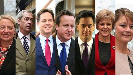 Natalie Bennett, Nigel Farage, Nick Clegg, David Cameron, Ed Miliband, Nicola Sturgeon, Leanne Wood