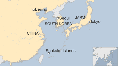 Map showing the capitals of Japan, China and South Korea, as well as the disputed Senkaku islands