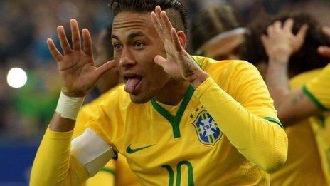 Neymar celebrates scoring for Brazil against France