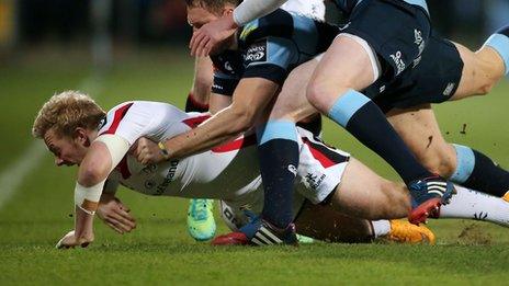 Stuart Olding suffered a serious knee injury at the start of Ulster's Pro12 win over Cardiff Blues