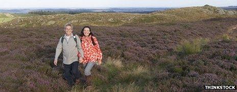 Couple walking through heather