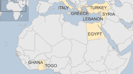 Map showing Syria, Ghana, Togo and Egypt