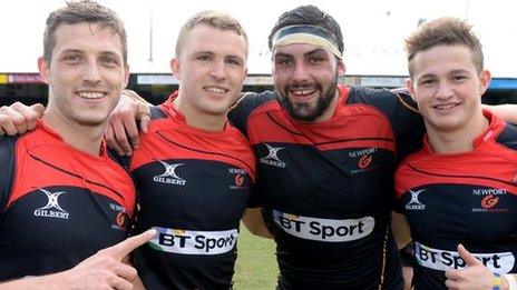 Jason Tovey, Tom Prydie, Cory Hill and Hallam Amos celebrate beating Cardiff Blues