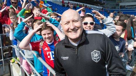 Russell Slade with Carduiff City fans