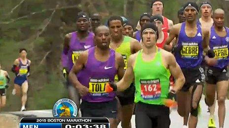 Derek Yorek leads the Boston Marathon