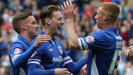 Joe Mason celebrates putting Cardiff City 1-0 up
