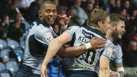 Leeds celebrate Kallum Watkins' try