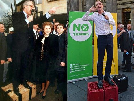 Composite image showing John Major on a soap box in 1992 and Jim Murphy on his Irn Bru crates during the 2014 Scottish referendum campaign