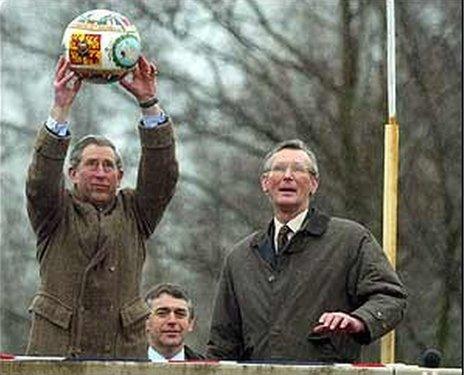 Prince Charles turning up Ashbourne Shrovetide plinth 2003