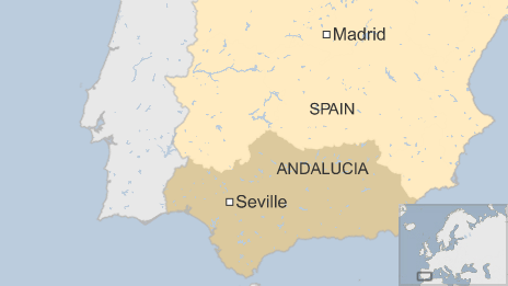 Map showing Seville in Spain