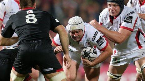 Ulster hooker Rory Best gets a helping hand from Franco van der Merwe