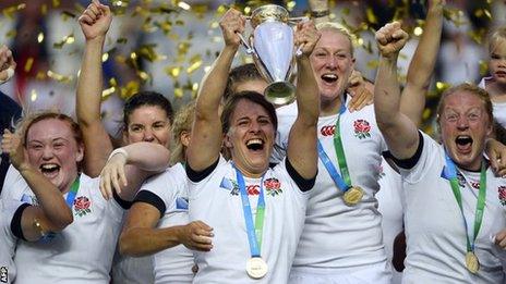 England captain Katy McIean lifts the trophy after the 2014 World Cup triumph