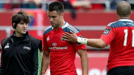 Conor Murray is consoled by Simon Zebo as he leaves the field injured in the semi-final win over the Ospreys