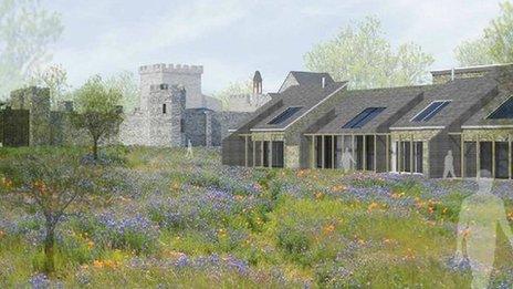 An artist's illustration of lodges at the planned Land and Lakes development