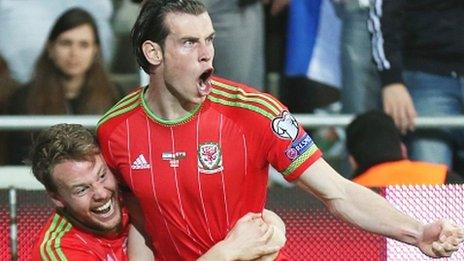 Gareth Bale celebrates scoring for Wales in their 3-0 win in Israel