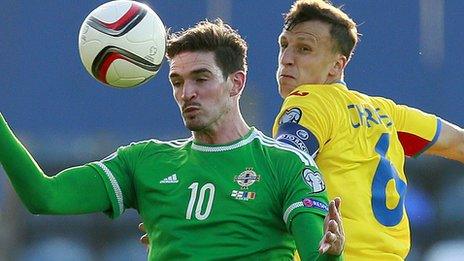 Northern Ireland striker Kyle Lafferty beats Vlad Chriches to the high ball