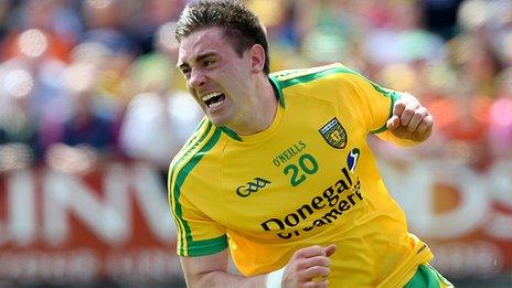 Martin O'Reilly celebrates scoring Donegal's second goal against Armagh