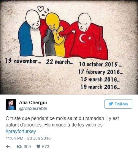 An image of a figure in the French colours with the date of a recent terrorist attack hugging a Belgium character with the date of a March terrorist attack who is also being hugged by a Turkish character under which there are the dates of four recent terrorist attacks.