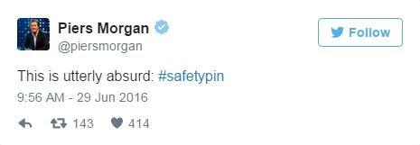 A Tweet from UK media personality Piers Morgan reading "This is Utterly Absurd #safetypin"