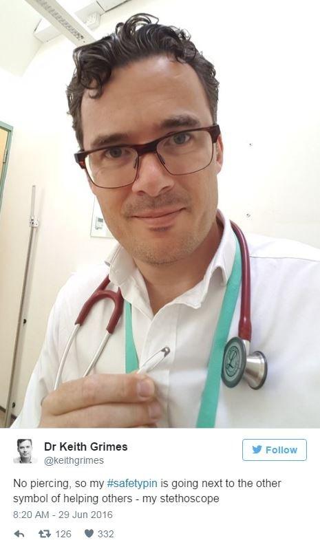 A Tweet from a doctor with a picture of himself with a stethoscope around his neck and the words, No piercing, so my #safetypin is going next to the other symbol of helping others - my stethoscope