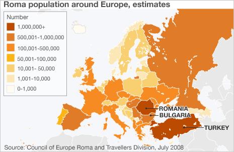 Map of Europe showing estimates of Romani population