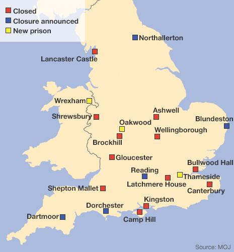 Map showing prison closures and openings