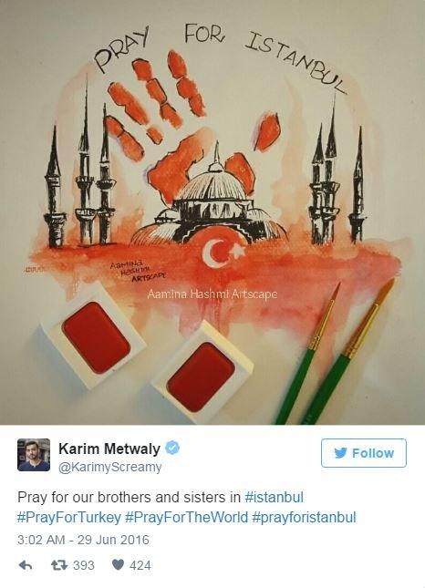 A water colour picture of an Istanbul mosque with a red handprint behind it and the Tweet reads Pray for our brothers and sisters in Istanbul.