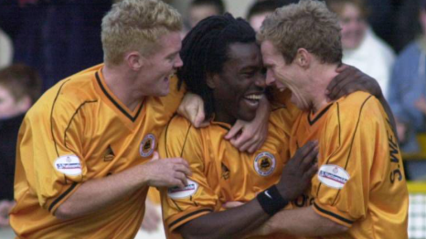 Brothers Ross (left) and Simon (right) Weatherstone with Stuart Douglas celebrating a goal for Boston United