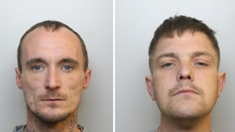 Custody picture of Andrew Dymock (left) and Robert White (right). Both men are unsmiling, have dark hair and are wearing grey sweatshirts or t-shirts. 