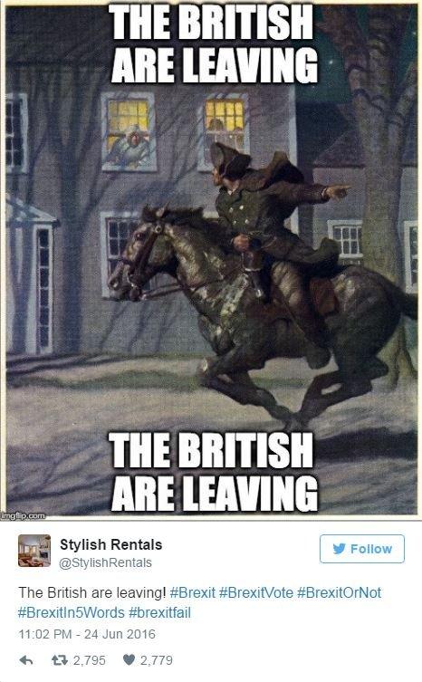 A twitter picture that has a person on horseback rushing through a neighbourhood with the caption The British Are Leaving