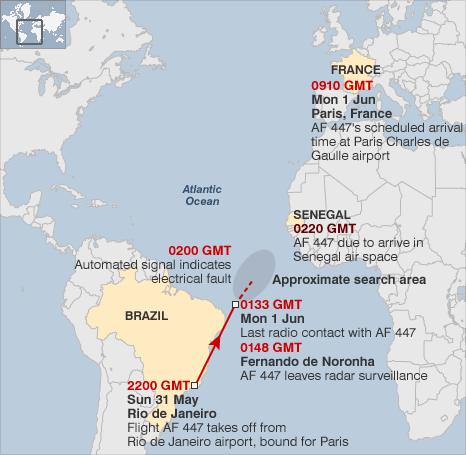 Map showing Flight AF 447 timeline