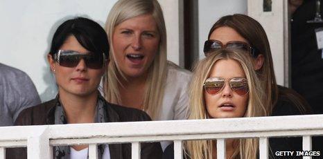 Jessica Bratich (front left) has been watching the Ashes with other Aussie WAGS